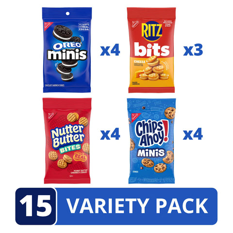 OREO Mini Cookies, CHIPS AHOY! Mini Cookies, Nutter Butter Bites & RITZ Bits Cheese Crackers Variety Pack - 45oz/15ct